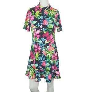 Tommy Bahama Racquet & Paddle Black Floral Quarter Zip Flounce Hem Dress Medium